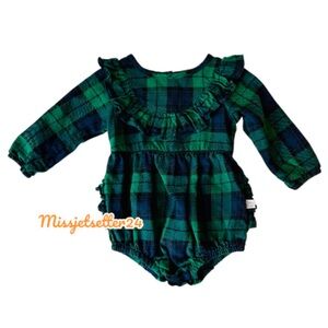 EUC RuffleButts Hunter Plaid Flannel Blue Green Bubble Romper 12/18 months